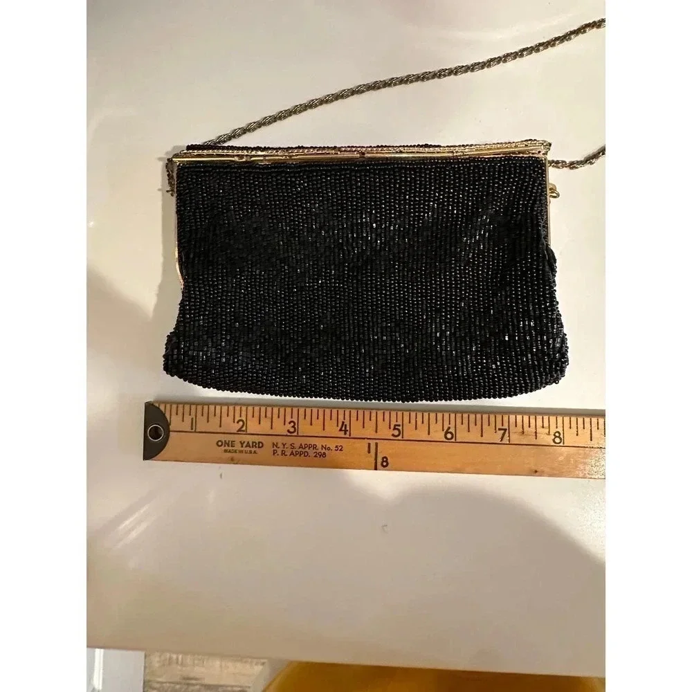 Vintage Women's Rectangle Shape Black Beaded Handbag Purse